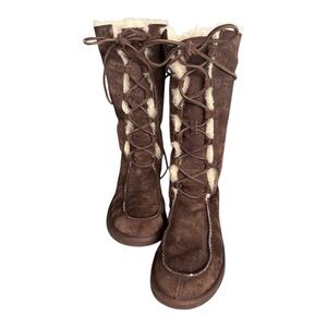 UGG Australia Whitely Tall Moccasin Boots Brown Suede Shearling Lined Lace Up 8